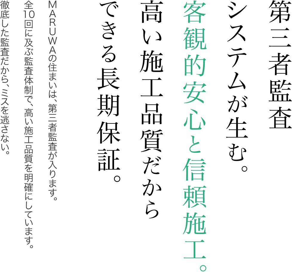 第三者監査システムが生む。客観的安心と信頼施工。高い施工品質だからできる長期保証。